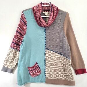 # Beautiful Coldwater Creek 2X Multicolor Patchwork Cowl Neck Sweater
